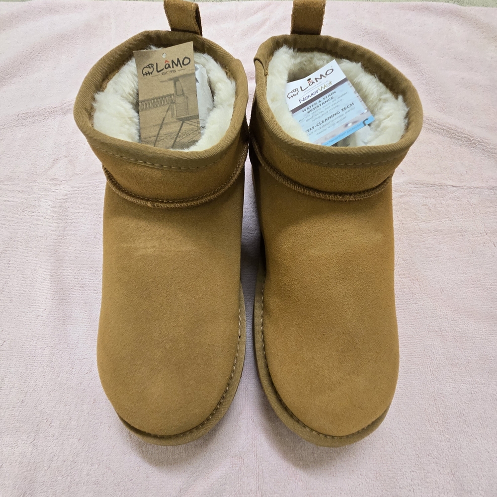Lamo Tan Suede Boots with Faux Fur Lining